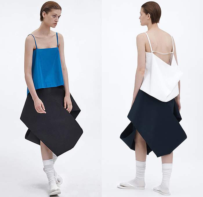 LII 2025 Spring Summer Womens Lookbook - New York Fashion Week NYFW - Zane Li - Geometric Bandage Wrap Shrug Shawl Cape Bandeau Turtleneck Long Sleeve Blouse Crop Top Midriff Noodle Strap Handkerchief Hem Loop Streamer Sash Shift Dress Sleeveless Deconstructed Minimalist Vest Tabard Extra Panel Wide Leg Miniskirt Draped Outerwear Coat Poncho Socks Thongs Slippers