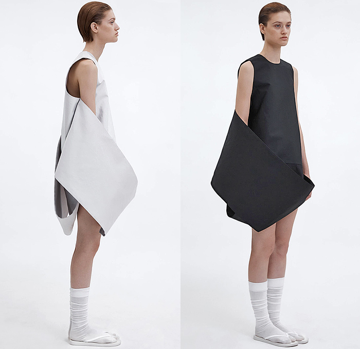 LII 2025 Spring Summer Womens Lookbook - New York Fashion Week NYFW - Zane Li - Geometric Bandage Wrap Shrug Shawl Cape Bandeau Turtleneck Long Sleeve Blouse Crop Top Midriff Noodle Strap Handkerchief Hem Loop Streamer Sash Shift Dress Sleeveless Deconstructed Minimalist Vest Tabard Extra Panel Wide Leg Miniskirt Draped Outerwear Coat Poncho Socks Thongs Slippers