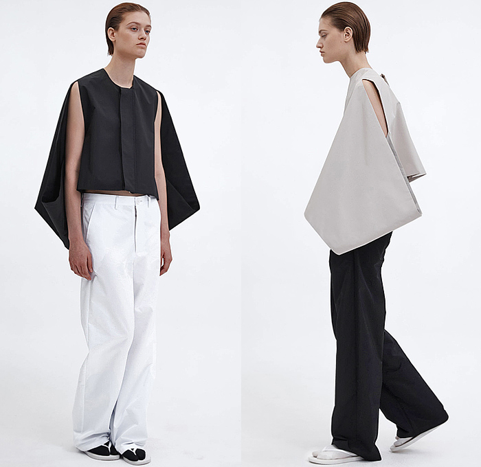 LII 2025 Spring Summer Womens Lookbook - New York Fashion Week NYFW - Zane Li - Geometric Bandage Wrap Shrug Shawl Cape Bandeau Turtleneck Long Sleeve Blouse Crop Top Midriff Noodle Strap Handkerchief Hem Loop Streamer Sash Shift Dress Sleeveless Deconstructed Minimalist Vest Tabard Extra Panel Wide Leg Miniskirt Draped Outerwear Coat Poncho Socks Thongs Slippers