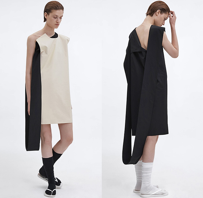 LII 2025 Spring Summer Womens Lookbook - New York Fashion Week NYFW - Zane Li - Geometric Bandage Wrap Shrug Shawl Cape Bandeau Turtleneck Long Sleeve Blouse Crop Top Midriff Noodle Strap Handkerchief Hem Loop Streamer Sash Shift Dress Sleeveless Deconstructed Minimalist Vest Tabard Extra Panel Wide Leg Miniskirt Draped Outerwear Coat Poncho Socks Thongs Slippers