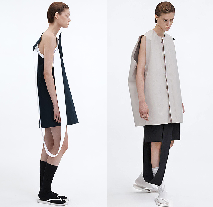 LII 2025 Spring Summer Womens Lookbook - New York Fashion Week NYFW - Zane Li - Geometric Bandage Wrap Shrug Shawl Cape Bandeau Turtleneck Long Sleeve Blouse Crop Top Midriff Noodle Strap Handkerchief Hem Loop Streamer Sash Shift Dress Sleeveless Deconstructed Minimalist Vest Tabard Extra Panel Wide Leg Miniskirt Draped Outerwear Coat Poncho Socks Thongs Slippers