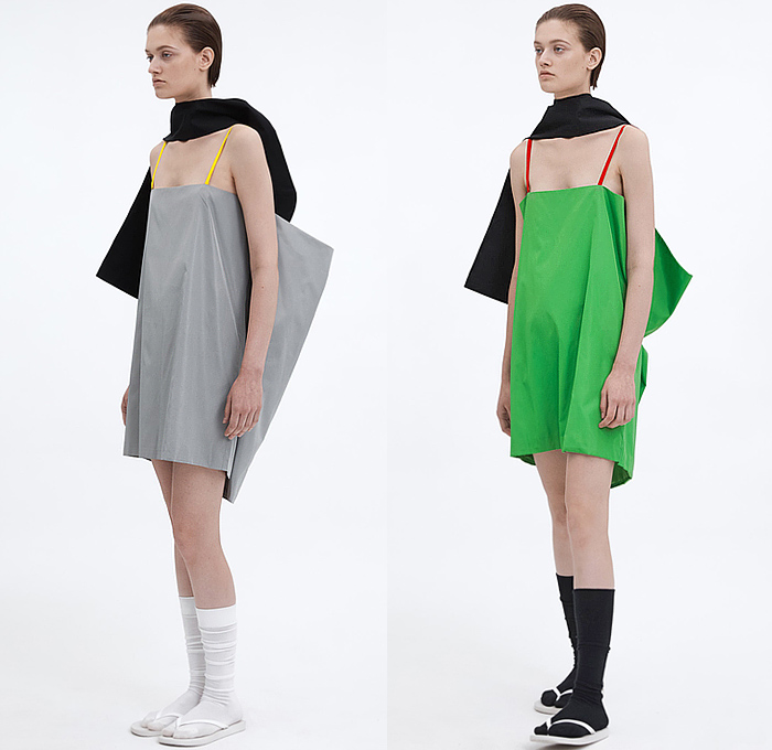 LII 2025 Spring Summer Womens Lookbook - New York Fashion Week NYFW - Zane Li - Geometric Bandage Wrap Shrug Shawl Cape Bandeau Turtleneck Long Sleeve Blouse Crop Top Midriff Noodle Strap Handkerchief Hem Loop Streamer Sash Shift Dress Sleeveless Deconstructed Minimalist Vest Tabard Extra Panel Wide Leg Miniskirt Draped Outerwear Coat Poncho Socks Thongs Slippers