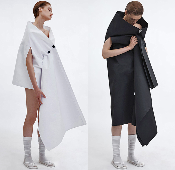 LII 2025 Spring Summer Womens Lookbook - New York Fashion Week NYFW - Zane Li - Geometric Bandage Wrap Shrug Shawl Cape Bandeau Turtleneck Long Sleeve Blouse Crop Top Midriff Noodle Strap Handkerchief Hem Loop Streamer Sash Shift Dress Sleeveless Deconstructed Minimalist Vest Tabard Extra Panel Wide Leg Miniskirt Draped Outerwear Coat Poncho Socks Thongs Slippers