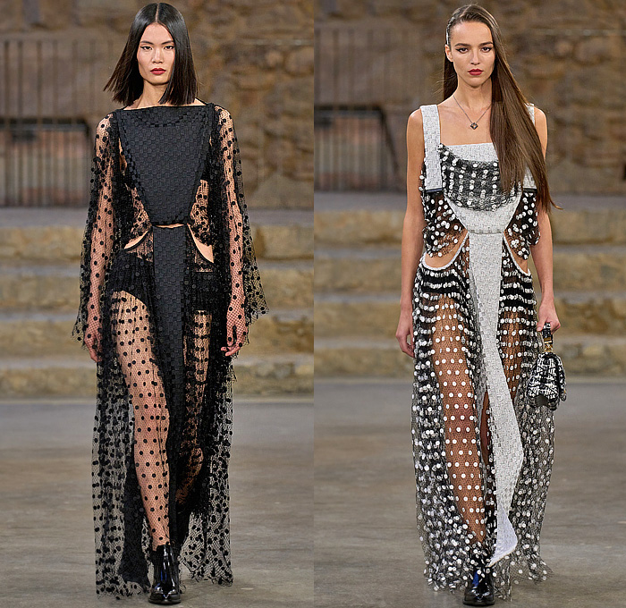 Louis Vuitton 2025 Resort Cruise Pre-Spring Womens Runway - Nicolas Ghesquière - Park Güell - Cordovan Hats Sombrero Cordobés Gaucho Frankenstein Shoulders Blazerdress Boatneck Wide Sleeves Blouse Tiered Miniskirt Jumpsuit Polka Dots Lace Mesh Fishnet Flowers Floral Embroidery Shawl Capelet Bombacha Jodhpurs Plush Bustier Strapless Leather Draped Tweed Studs Sequins Crystals Bubble Dress Halterneck Babydoll Draped Knot Scales Arrowhead Pouch Handbag Fringes Riding Boots Sandals