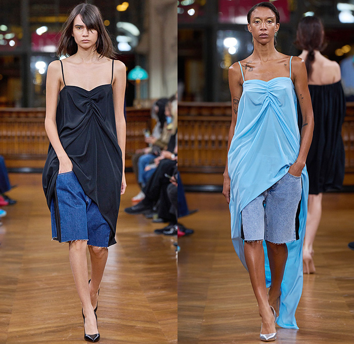 Lutz Huelle 2025 Spring Summer Womens Runway Collection - Paris Fashion Week Femme PFW - Deconstructed Hybrid Wide Leg Denim Jeans Patchwork Strapless Bare Shoulder Pantsuit Vest Tabard Shirtdress Onesie Short Sleeve Crop Top Midriff Accordion Pleats Lace Mesh Bedazzled Sequins Shorts Cutoffs Vintage Scarf Pinstripe Blouse Bomber Jacket Corset Brocade Flowers Floral Draped Cinch Noodle Strap Miniskirt Tote Bag Opera Gloves