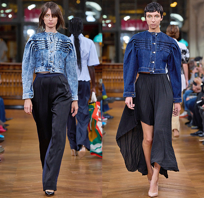 Lutz Huelle 2025 Spring Summer Womens Runway Collection - Paris Fashion Week Femme PFW - Deconstructed Hybrid Wide Leg Denim Jeans Patchwork Strapless Bare Shoulder Pantsuit Vest Tabard Shirtdress Onesie Short Sleeve Crop Top Midriff Accordion Pleats Lace Mesh Bedazzled Sequins Shorts Cutoffs Vintage Scarf Pinstripe Blouse Bomber Jacket Corset Brocade Flowers Floral Draped Cinch Noodle Strap Miniskirt Tote Bag Opera Gloves