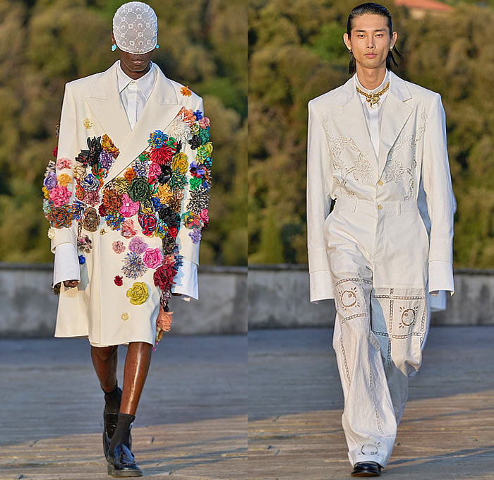 Marine Serre 2025 Spring Summer Mens Runway Collection - PITTI UOMO 106 - White Outerwear Oversized Blazer Trench Coat Trompe L'oeil Flowers Floral Bedazzled Crystals Lace Mesh Embroidery Wide Leg Baggy Loose Check Plaid Patchwork Tartan Crescent Moon Print Motif Denim Jeans Bomber Jacket Neck Tie German Pop Art Belts Straps Parka Anorak Utility Pockets Shorts Handbag Loafers