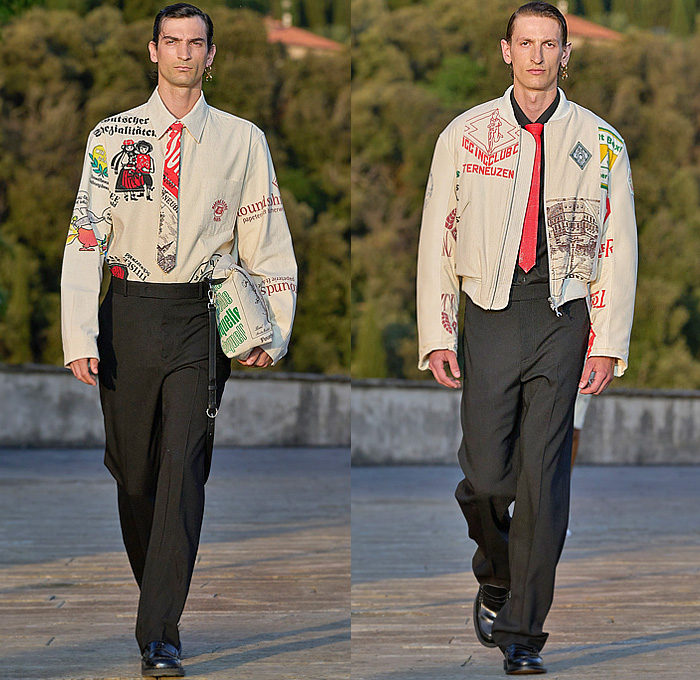 Marine Serre 2025 Spring Summer Mens Runway Collection - PITTI UOMO 106 - White Outerwear Oversized Blazer Trench Coat Trompe L'oeil Flowers Floral Bedazzled Crystals Lace Mesh Embroidery Wide Leg Baggy Loose Check Plaid Patchwork Tartan Crescent Moon Print Motif Denim Jeans Bomber Jacket Neck Tie German Pop Art Belts Straps Parka Anorak Utility Pockets Shorts Handbag Loafers