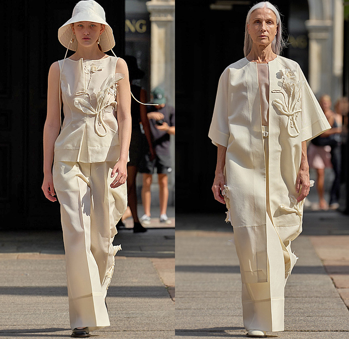 Mark Kenly Domino Tan 2025 Spring Summer Womens Runway Collection - Copenhagen Fashion Week Denmark CPHFW København - The Earth - Minimalist Harvest Straws Bucket Hat Gradient Wide Leg Culottes Baggy Loose Palazzo Pants Bandeau Sheer Tulle Organza Trompe L'oeil Plants Flowers Floral Dress Sleeveless Blouse Outerwear Trench Coat Blazer Jacket Tabard Romper Combishorts Onesie Frayed Raw Hem Threads Woven Knit Mesh Buttons Linen Alaia Heels