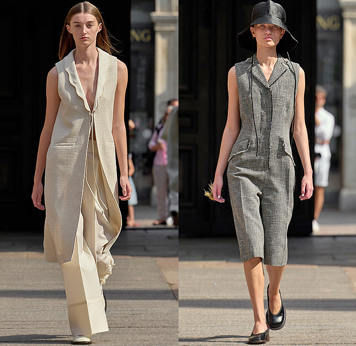 Mark Kenly Domino Tan 2025 Spring Summer Womens Runway Collection - Copenhagen Fashion Week Denmark CPHFW København - The Earth - Minimalist Harvest Straws Bucket Hat Gradient Wide Leg Culottes Baggy Loose Palazzo Pants Bandeau Sheer Tulle Organza Trompe L'oeil Plants Flowers Floral Dress Sleeveless Blouse Outerwear Trench Coat Blazer Jacket Tabard Romper Combishorts Onesie Frayed Raw Hem Threads Woven Knit Mesh Buttons Linen Alaia Heels