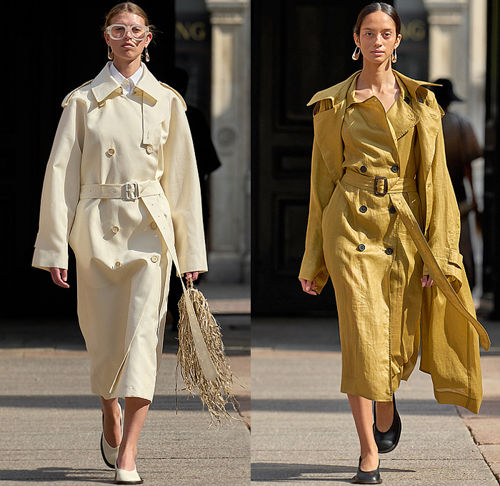 Mark Kenly Domino Tan 2025 Spring Summer Womens Runway Collection - Copenhagen Fashion Week Denmark CPHFW København - The Earth - Minimalist Harvest Straws Bucket Hat Gradient Wide Leg Culottes Baggy Loose Palazzo Pants Bandeau Sheer Tulle Organza Trompe L'oeil Plants Flowers Floral Dress Sleeveless Blouse Outerwear Trench Coat Blazer Jacket Tabard Romper Combishorts Onesie Frayed Raw Hem Threads Woven Knit Mesh Buttons Linen Alaia Heels