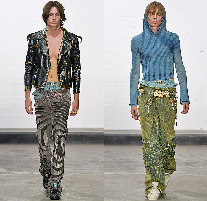 Masha Popova 2025 Spring Summer Mens Runway Collection - London Fashion Week LFW - Impulse - Motorcycle Biker Jacket Deconstructed Denim Jeans Claws Leaf Leaves Foliage Ripples Stars Hood Sweater Jumper Sneakers