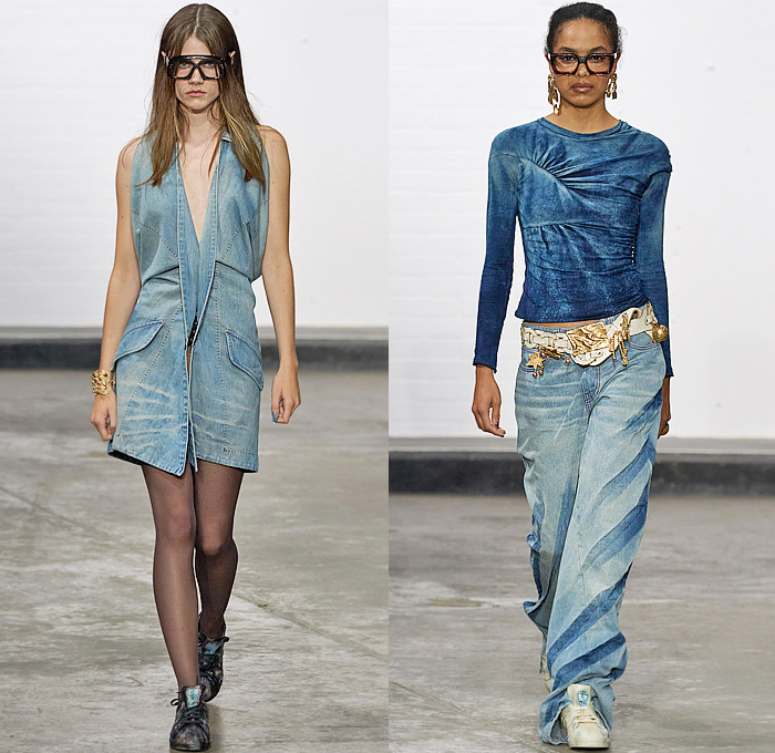 Masha Popova 2025 Spring Summer Womens Runway Collection - London Fashion Week LFW - Impulse - Distressed Deconstructed Denim Jeans Colored Acid Wash Resist Dye Jacket Scarf Stars Leaves Kimono Miniskirt Pencil Skirt Blazer Brooch Wide Leg Baggy Cutoffs Shorts Jorts Pussy Bow Vest Tabard Sweater Blouse Halterneck Noodle Strap X-Band One Shoulder Dress Trench Coat Crop Top Midriff Bikini Top Split Cutout Sleeves Velvet Bedazzled Sequins Sheer Tights Stockings Sneakers Pumps