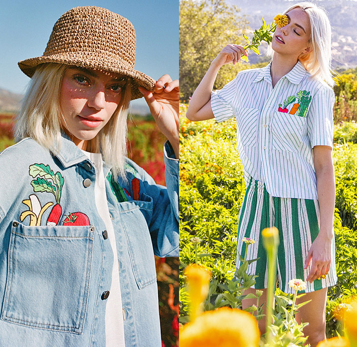 Mira Mikati 2025 Spring Summer Womens Lookbook - Paris Fashion Week Femme PFW - Straw Hat Patches Fruits Vegetables Lemons Bananas Radish Onions Carrots Brocolli Lettuce Cherries Flowers Floral Plants Mushrooms Stripes Blouse Knit Crochet Mesh Vest Cutout Holes Pinstripe Blazer Pantsuit Bedazzled Rhinestones Denim Jeans Jacket Ombré Gradient Colorful Noodle Strap Dress Sheer Tulle Spots Polka Dots Pleats Shorts