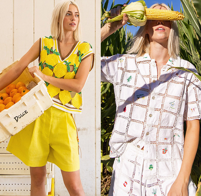 Mira Mikati 2025 Spring Summer Womens Lookbook - Paris Fashion Week Femme PFW - Straw Hat Patches Fruits Vegetables Lemons Bananas Radish Onions Carrots Brocolli Lettuce Cherries Flowers Floral Plants Mushrooms Stripes Blouse Knit Crochet Mesh Vest Cutout Holes Pinstripe Blazer Pantsuit Bedazzled Rhinestones Denim Jeans Jacket Ombré Gradient Colorful Noodle Strap Dress Sheer Tulle Spots Polka Dots Pleats Shorts