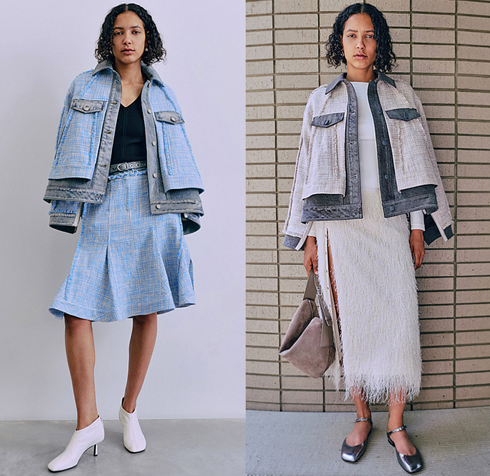 3.1 Phillip Lim 2025 Resort Cruise Pre-Spring Womens Lookbook - Denim Jeans Dress Belt Poufy Shoulders Hybrid Patchwork Peplum Pockets Godet Skirt Double Layers Jacket Frayed Raw Hem Shaggy Outerwear Trench Coat Flare Fringes Blouse Trackwear Mushrooms Lace Embroidery Shorts Stripes Colorblock Sheer Organza Bedazzled Crystals Zippers Knit Sweater Jumper Handbag Tote