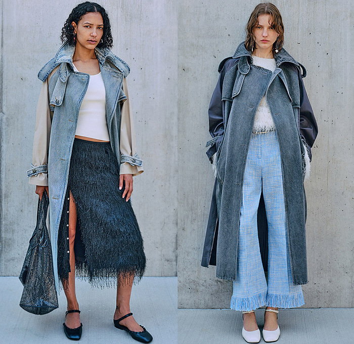 3.1 Phillip Lim 2025 Resort Cruise Pre-Spring Womens Lookbook - Denim Jeans Dress Belt Poufy Shoulders Hybrid Patchwork Peplum Pockets Godet Skirt Double Layers Jacket Frayed Raw Hem Shaggy Outerwear Trench Coat Flare Fringes Blouse Trackwear Mushrooms Lace Embroidery Shorts Stripes Colorblock Sheer Organza Bedazzled Crystals Zippers Knit Sweater Jumper Handbag Tote