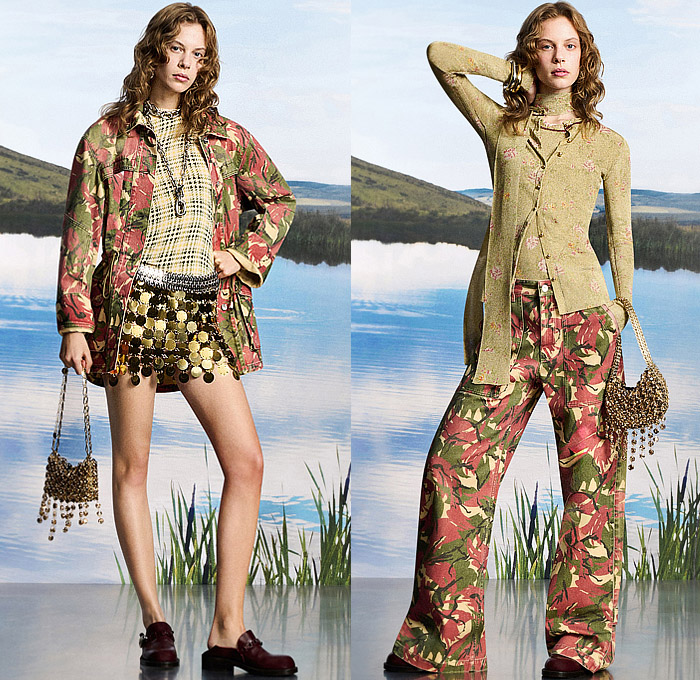 Paco Rabanne 2025 Resort Cruise Pre-Spring Womens Lookbook - Leaves Foliage Fauna Flowers Floral Plants Outerwear Safari Field Jacket Hunting Coat Oversized Blazer Fur Bedazzled Sequins Paillettes Chain Metal Mesh Grommets Holes Check Tartan Plaid Houndstooth Miniskirt Cardigan Wide Leg Flare Baggy Loose Halterneck Dress Animal Spots Fringes Scarf Vest Clogs Handbag