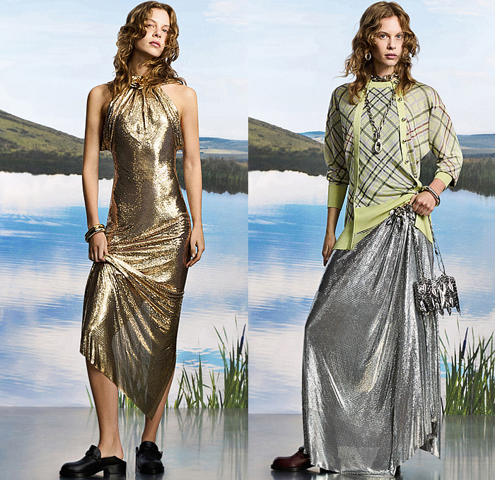 Paco Rabanne 2025 Resort Cruise Pre-Spring Womens Lookbook - Leaves Foliage Fauna Flowers Floral Plants Outerwear Safari Field Jacket Hunting Coat Oversized Blazer Fur Bedazzled Sequins Paillettes Chain Metal Mesh Grommets Holes Check Tartan Plaid Houndstooth Miniskirt Cardigan Wide Leg Flare Baggy Loose Halterneck Dress Animal Spots Fringes Scarf Vest Clogs Handbag