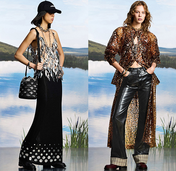 Paco Rabanne 2025 Resort Cruise Pre-Spring Womens Lookbook - Leaves Foliage Fauna Flowers Floral Plants Outerwear Safari Field Jacket Hunting Coat Oversized Blazer Fur Bedazzled Sequins Paillettes Chain Metal Mesh Grommets Holes Check Tartan Plaid Houndstooth Miniskirt Cardigan Wide Leg Flare Baggy Loose Halterneck Dress Animal Spots Fringes Scarf Vest Clogs Handbag