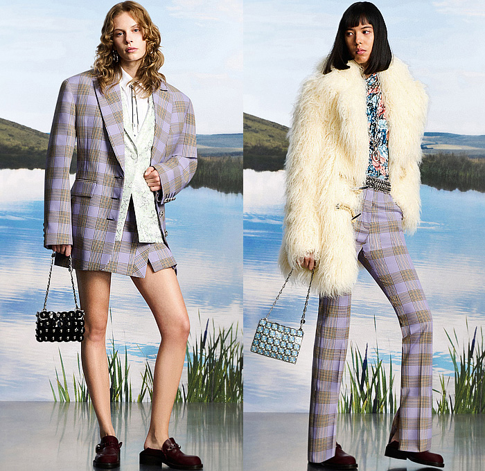 Paco Rabanne 2025 Resort Cruise Pre-Spring Womens Lookbook - Leaves Foliage Fauna Flowers Floral Plants Outerwear Safari Field Jacket Hunting Coat Oversized Blazer Fur Bedazzled Sequins Paillettes Chain Metal Mesh Grommets Holes Check Tartan Plaid Houndstooth Miniskirt Cardigan Wide Leg Flare Baggy Loose Halterneck Dress Animal Spots Fringes Scarf Vest Clogs Handbag