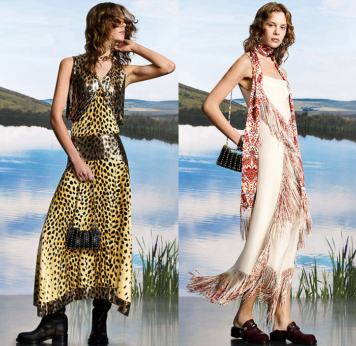 Paco Rabanne 2025 Resort Cruise Pre-Spring Womens Lookbook - Leaves Foliage Fauna Flowers Floral Plants Outerwear Safari Field Jacket Hunting Coat Oversized Blazer Fur Bedazzled Sequins Paillettes Chain Metal Mesh Grommets Holes Check Tartan Plaid Houndstooth Miniskirt Cardigan Wide Leg Flare Baggy Loose Halterneck Dress Animal Spots Fringes Scarf Vest Clogs Handbag