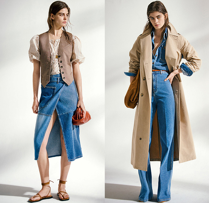 Philosophy di Lorenzo Serafini 2025 Resort Cruise Pre-Spring Womens Lookbook - Denim Jeans Wide Leg Flare Puff Sleeves Vest Stripes Blouse Outerwear Trench Coat Crop Top Midriff Wool Shirtdress Shorts Halterneck Curtain Neck Sleeveless Miniskirt Handkerchief Hem Blurred Plants Ruffles Flounce Lace Embroidery Noodle Strap Dress Strapless Silk Satin Open Back Accordion Pleats Prairie Dress Bedazzled Sequins Sandals Clutch Handbag