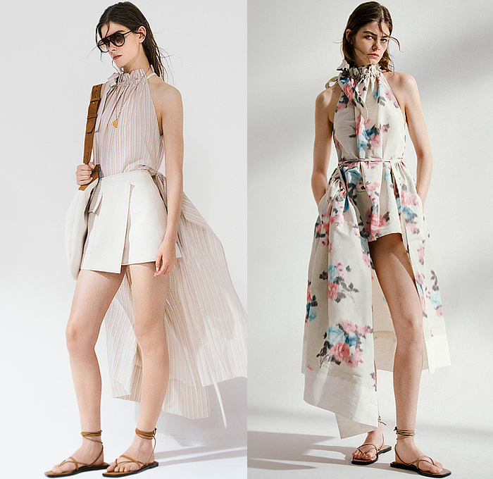 Philosophy di Lorenzo Serafini 2025 Resort Cruise Pre-Spring Womens Lookbook - Denim Jeans Wide Leg Flare Puff Sleeves Vest Stripes Blouse Outerwear Trench Coat Crop Top Midriff Wool Shirtdress Shorts Halterneck Curtain Neck Sleeveless Miniskirt Handkerchief Hem Blurred Plants Ruffles Flounce Lace Embroidery Noodle Strap Dress Strapless Silk Satin Open Back Accordion Pleats Prairie Dress Bedazzled Sequins Sandals Clutch Handbag