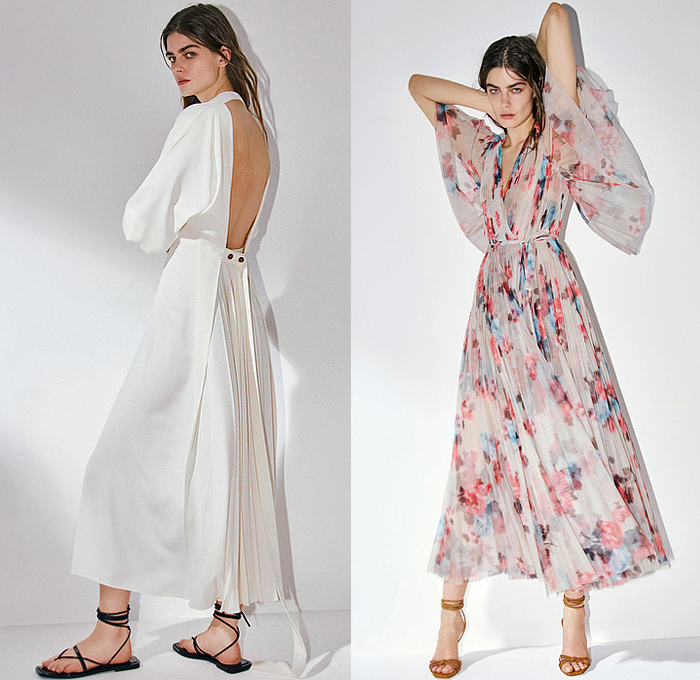 Philosophy di Lorenzo Serafini 2025 Resort Cruise Pre-Spring Womens Lookbook - Denim Jeans Wide Leg Flare Puff Sleeves Vest Stripes Blouse Outerwear Trench Coat Crop Top Midriff Wool Shirtdress Shorts Halterneck Curtain Neck Sleeveless Miniskirt Handkerchief Hem Blurred Plants Ruffles Flounce Lace Embroidery Noodle Strap Dress Strapless Silk Satin Open Back Accordion Pleats Prairie Dress Bedazzled Sequins Sandals Clutch Handbag