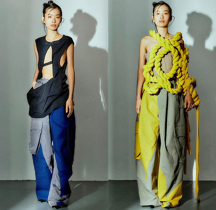 Pronounce 2025 Spring Summer Womens Lookbook - Milano Moda Uomo Primavera Estate Milan Fashion Week - Nautical Ropes Cord Denim Jeans Blouse Asymmetrical Jacket Oversized Utility Pockets Cargo Pants Wide Leg Palazzo Pants Patchwork Cutoffs Shorts Cutout Knit Cardigan Sweater Jumper Fanny Pack Pouch Bedazzled Insects Dragonflies Straws Dress Check Pantsuit Full Skirt Pumps