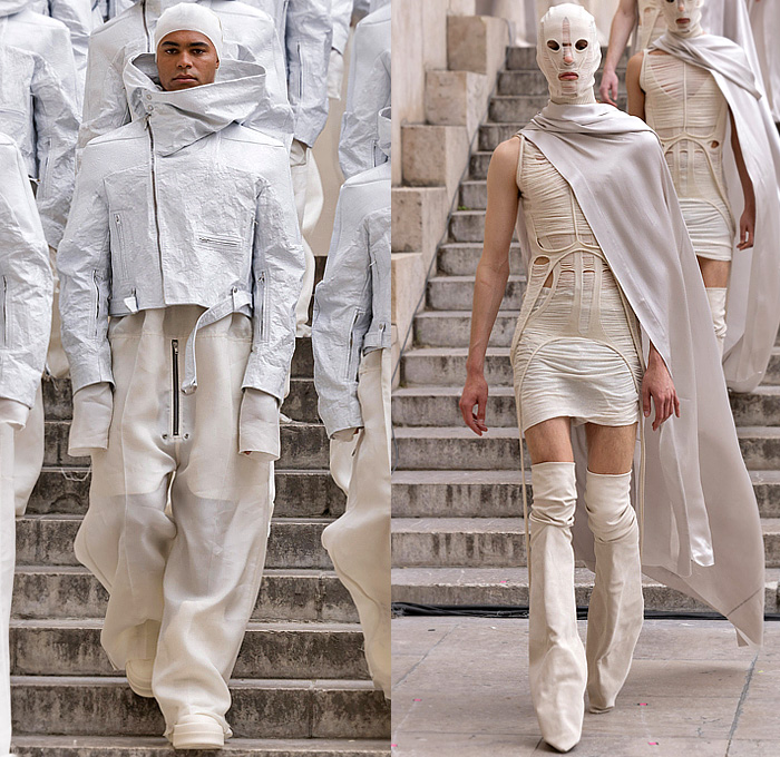 Rick Owens 2025 Spring Summer Mens Runway Collection - Paris Fashion Week Homme Printemps Eté - Hollywood - Biblical Hood Cowl Balaclava Sheer Translucent Chiffon Draped Oversized Onesie Caftan Kaftan Quilted Puffer Outerwear Coat Skirt Gown Pointy Shoulders Patchwork Funnel Neck Zippers Pockets Rustic Marbled Shorts Wide Leg Baggy Loose Pants Mummy Wrap Strings Cape Priest Headwear Wrapped Boots