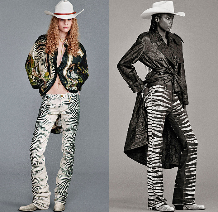 Roberto Cavalli 2025 Resort Cruise Pre-Spring Womens Lookbook – Zebra Stripes Tiger Snakeskin Jungle Plants Leaves Flowers Roses Blouse Wrinkled Trench Coat Knit Crochet Mesh Marble Blazer Jacket Pantsuit Onesie Jumpsuit Coveralls Leotard Mullet Hem Strapless Lace Embroidery Micro Maxi Dress Noodle Strap Bedazzled Crystals Beads Cutout Waist Velvet Halterneck Gown Ruffles Draped Fringes Tied Knot Denim Jeans Wide Leg Miniskirt Cowboy Hat Boots Loafers Mules Handbag