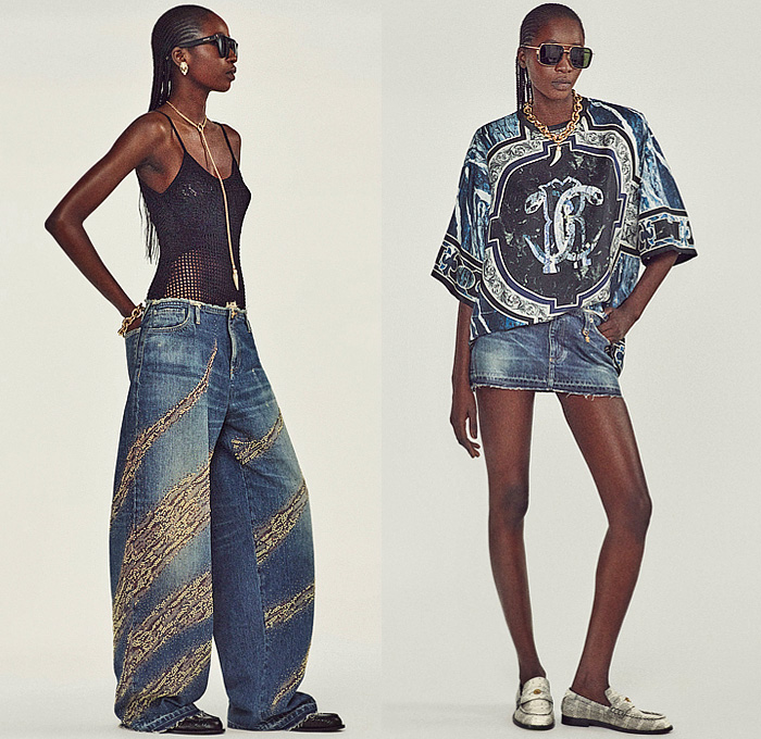 Roberto Cavalli 2025 Resort Cruise Pre-Spring Womens Lookbook – Zebra Stripes Tiger Snakeskin Jungle Plants Leaves Flowers Roses Blouse Wrinkled Trench Coat Knit Crochet Mesh Marble Blazer Jacket Pantsuit Onesie Jumpsuit Coveralls Leotard Mullet Hem Strapless Lace Embroidery Micro Maxi Dress Noodle Strap Bedazzled Crystals Beads Cutout Waist Velvet Halterneck Gown Ruffles Draped Fringes Tied Knot Denim Jeans Wide Leg Miniskirt Cowboy Hat Boots Loafers Mules Handbag