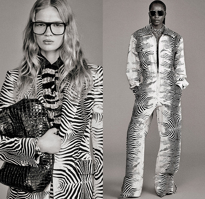 Roberto Cavalli 2025 Resort Cruise Pre-Spring Womens Lookbook – Zebra Stripes Tiger Snakeskin Jungle Plants Leaves Flowers Roses Blouse Wrinkled Trench Coat Knit Crochet Mesh Marble Blazer Jacket Pantsuit Onesie Jumpsuit Coveralls Leotard Mullet Hem Strapless Lace Embroidery Micro Maxi Dress Noodle Strap Bedazzled Crystals Beads Cutout Waist Velvet Halterneck Gown Ruffles Draped Fringes Tied Knot Denim Jeans Wide Leg Miniskirt Cowboy Hat Boots Loafers Mules Handbag