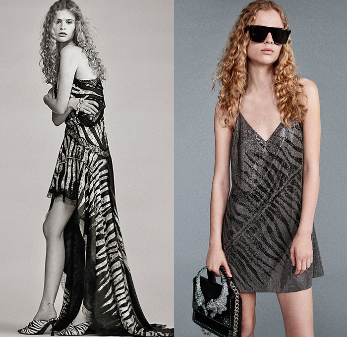 Roberto Cavalli 2025 Resort Cruise Pre-Spring Womens Lookbook – Zebra Stripes Tiger Snakeskin Jungle Plants Leaves Flowers Roses Blouse Wrinkled Trench Coat Knit Crochet Mesh Marble Blazer Jacket Pantsuit Onesie Jumpsuit Coveralls Leotard Mullet Hem Strapless Lace Embroidery Micro Maxi Dress Noodle Strap Bedazzled Crystals Beads Cutout Waist Velvet Halterneck Gown Ruffles Draped Fringes Tied Knot Denim Jeans Wide Leg Miniskirt Cowboy Hat Boots Loafers Mules Handbag