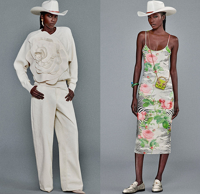 Roberto Cavalli 2025 Resort Cruise Pre-Spring Womens Lookbook – Zebra Stripes Tiger Snakeskin Jungle Plants Leaves Flowers Roses Blouse Wrinkled Trench Coat Knit Crochet Mesh Marble Blazer Jacket Pantsuit Onesie Jumpsuit Coveralls Leotard Mullet Hem Strapless Lace Embroidery Micro Maxi Dress Noodle Strap Bedazzled Crystals Beads Cutout Waist Velvet Halterneck Gown Ruffles Draped Fringes Tied Knot Denim Jeans Wide Leg Miniskirt Cowboy Hat Boots Loafers Mules Handbag