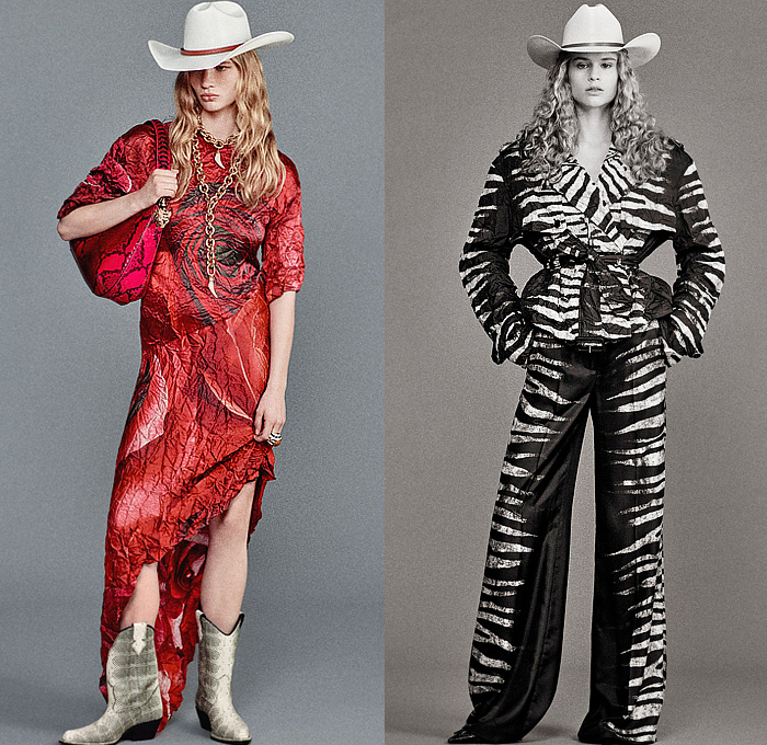 Roberto Cavalli 2025 Resort Cruise Pre-Spring Womens Lookbook – Zebra Stripes Tiger Snakeskin Jungle Plants Leaves Flowers Roses Blouse Wrinkled Trench Coat Knit Crochet Mesh Marble Blazer Jacket Pantsuit Onesie Jumpsuit Coveralls Leotard Mullet Hem Strapless Lace Embroidery Micro Maxi Dress Noodle Strap Bedazzled Crystals Beads Cutout Waist Velvet Halterneck Gown Ruffles Draped Fringes Tied Knot Denim Jeans Wide Leg Miniskirt Cowboy Hat Boots Loafers Mules Handbag