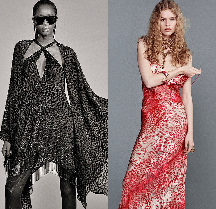 Roberto Cavalli 2025 Resort Cruise Pre-Spring Womens Lookbook – Zebra Stripes Tiger Snakeskin Jungle Plants Leaves Flowers Roses Blouse Wrinkled Trench Coat Knit Crochet Mesh Marble Blazer Jacket Pantsuit Onesie Jumpsuit Coveralls Leotard Mullet Hem Strapless Lace Embroidery Micro Maxi Dress Noodle Strap Bedazzled Crystals Beads Cutout Waist Velvet Halterneck Gown Ruffles Draped Fringes Tied Knot Denim Jeans Wide Leg Miniskirt Cowboy Hat Boots Loafers Mules Handbag