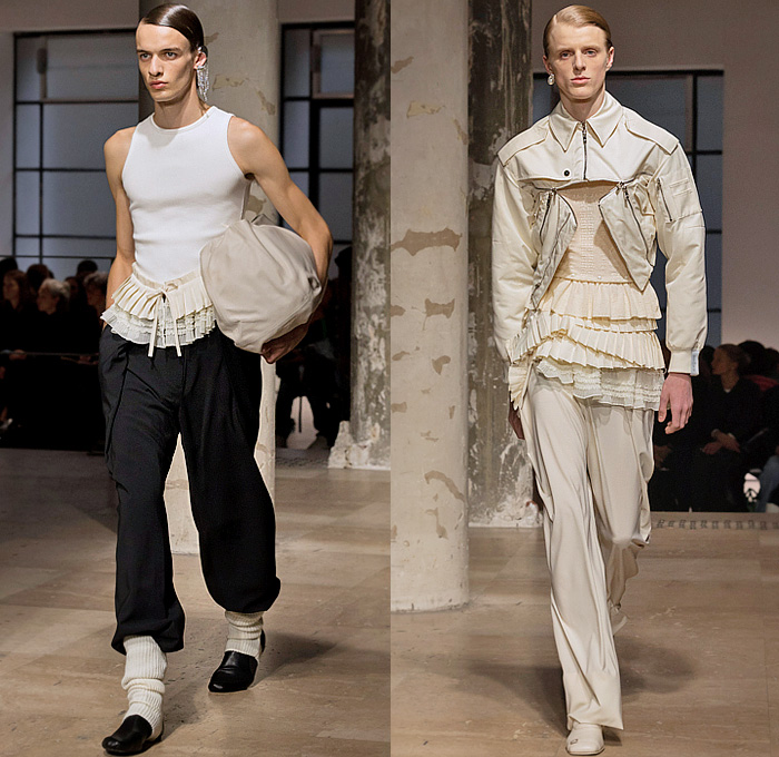 Rokh 2025 Spring Summer Mens Runway Collection - Paris Fashion Week Femme PFW - Rok Hwang - Thread Blossoms - Deconstructed Tank Top Peplum Tiered Accordion Pleats Voluminous Ruffles Roses Rosettes Trompe L'oeil Flowers Floral Crop Top Midriff Zipper Modular Military Jacket Knit Sheer Embroidery Slouchy Pants Threaded Reverse Denim Jeans Outerwear Trench Coat Buttons Patchwork Panels Gaiter Socks Sack Duffel Bag