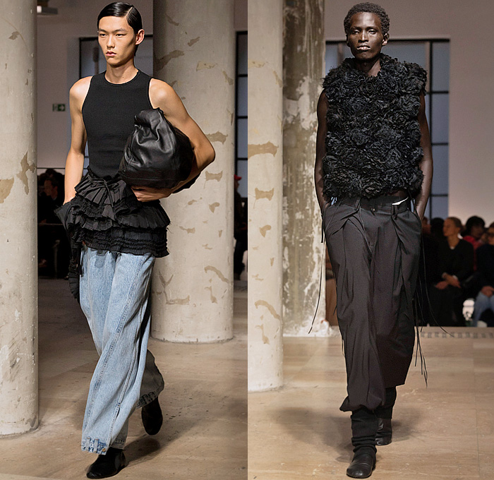 Rokh 2025 Spring Summer Mens Runway Collection - Paris Fashion Week Femme PFW - Rok Hwang - Thread Blossoms - Deconstructed Tank Top Peplum Tiered Accordion Pleats Voluminous Ruffles Roses Rosettes Trompe L'oeil Flowers Floral Crop Top Midriff Zipper Modular Military Jacket Knit Sheer Embroidery Slouchy Pants Threaded Reverse Denim Jeans Outerwear Trench Coat Buttons Patchwork Panels Gaiter Socks Sack Duffel Bag