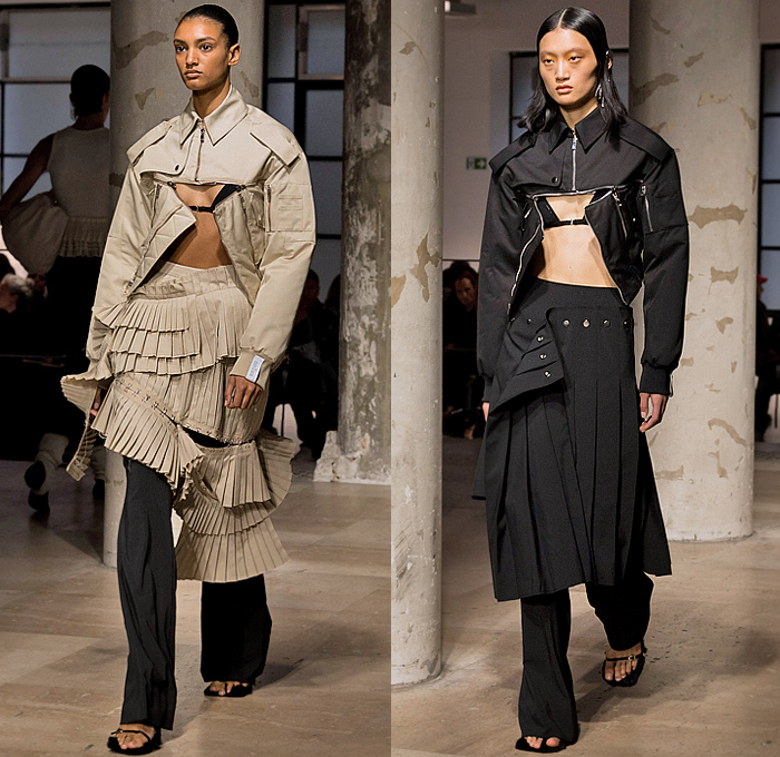 Rokh 2025 Spring Summer Womens Runway Collection - Paris Fashion Week Femme PFW - Rok Hwang - Thread Blossoms - Voluminous Rosettes Trompe L'oeil Flowers Floral Draped Ruffles Cinch Tank Top Hooks Tiered Accordion Pleats Wrapped Blazer Pantsuit Crop Top Midriff Patchwork Trench Coat Military Jacket Hanging Sleeve Loop Dress Blouse Fold Over Tied Slit Deconstructed Poufy Denim Jeans Studs Baggy Strings Embroidery Opera Gloves Sock Gaiters