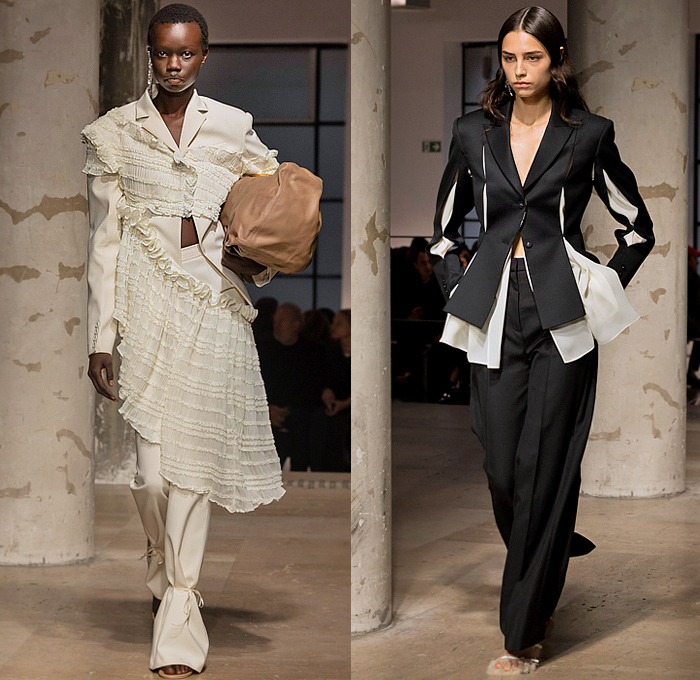 Rokh 2025 Spring Summer Womens Runway Collection - Paris Fashion Week Femme PFW - Rok Hwang - Thread Blossoms - Voluminous Rosettes Trompe L'oeil Flowers Floral Draped Ruffles Cinch Tank Top Hooks Tiered Accordion Pleats Wrapped Blazer Pantsuit Crop Top Midriff Patchwork Trench Coat Military Jacket Hanging Sleeve Loop Dress Blouse Fold Over Tied Slit Deconstructed Poufy Denim Jeans Studs Baggy Strings Embroidery Opera Gloves Sock Gaiters