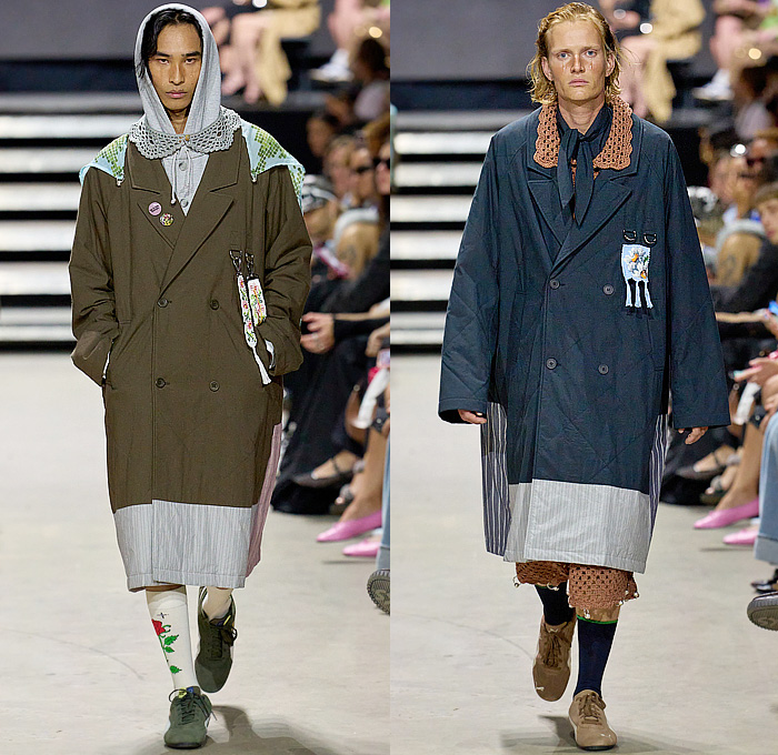 Rolf Ekroth 2025 Spring Summer Mens Runway Collection - Copenhagen Fashion Week Denmark CPHFW København - Lavatanssit - Patchwork Plaid Check Stripes Blazer Jacket Oversized Coat Corduroy Rings Scarf Hood Capelet Crochet Knit Mesh Pendants Fringes Sweater Jumper Cardigan Shorts Manskirt Denim Jeans Knee Panels Camouflage Topographic Wave Map Anorak Windbreaker Wide Leg Tearaway Pants Life Vest Quilted Puffer Padded Straps Belts Flowers Floral Puma Speedcats Sneakers