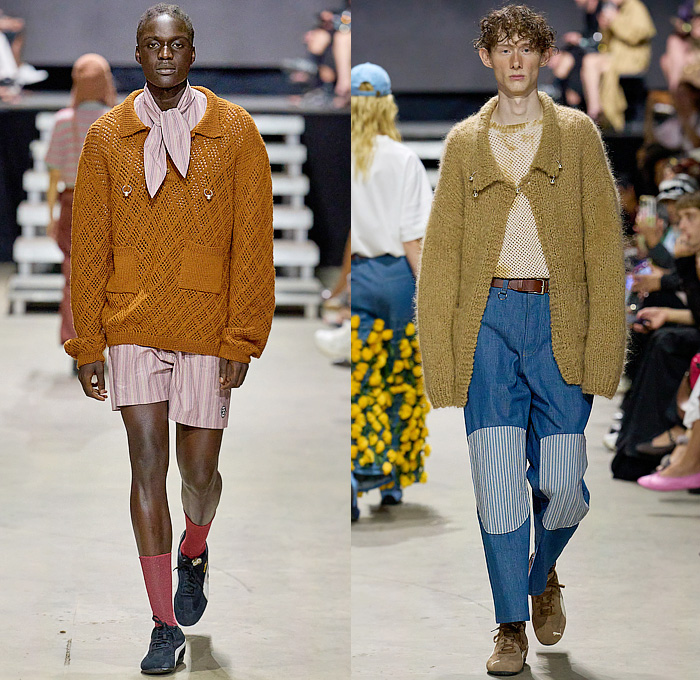 Rolf Ekroth 2025 Spring Summer Mens Runway Collection - Copenhagen Fashion Week Denmark CPHFW København - Lavatanssit - Patchwork Plaid Check Stripes Blazer Jacket Oversized Coat Corduroy Rings Scarf Hood Capelet Crochet Knit Mesh Pendants Fringes Sweater Jumper Cardigan Shorts Manskirt Denim Jeans Knee Panels Camouflage Topographic Wave Map Anorak Windbreaker Wide Leg Tearaway Pants Life Vest Quilted Puffer Padded Straps Belts Flowers Floral Puma Speedcats Sneakers