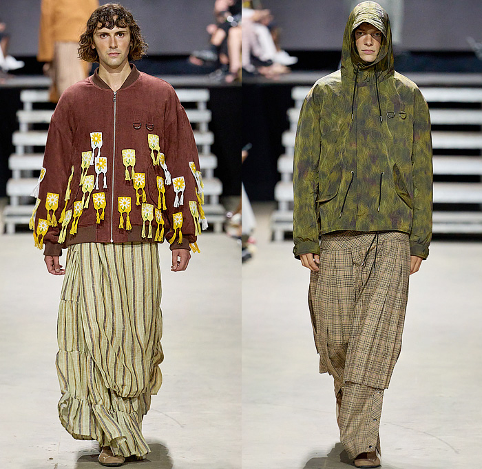 Rolf Ekroth 2025 Spring Summer Mens Runway Collection - Copenhagen Fashion Week Denmark CPHFW København - Lavatanssit - Patchwork Plaid Check Stripes Blazer Jacket Oversized Coat Corduroy Rings Scarf Hood Capelet Crochet Knit Mesh Pendants Fringes Sweater Jumper Cardigan Shorts Manskirt Denim Jeans Knee Panels Camouflage Topographic Wave Map Anorak Windbreaker Wide Leg Tearaway Pants Life Vest Quilted Puffer Padded Straps Belts Flowers Floral Puma Speedcats Sneakers