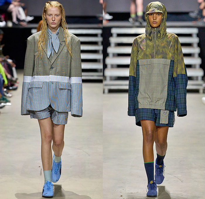 Rolf Ekroth 2025 Spring Summer Womens Runway Collection - Copenhagen Fashion Week Denmark CPHFW København - Lavatanssit - Patchwork Blazer Jacket Check Herringbone Plaid Stripes Shorts Culottes Hood Anorak Windbreaker Camouflage Crochet Mesh Ear Flaps Knit Cap Blouse Corduroy Baggy Loose Knee Panels Outdoor Pants Bomber Jacket Artwork Flowers Floral Plants Scarf Sling Pack Trompe L'oeil Dandelions Denim Jeans Sneakers