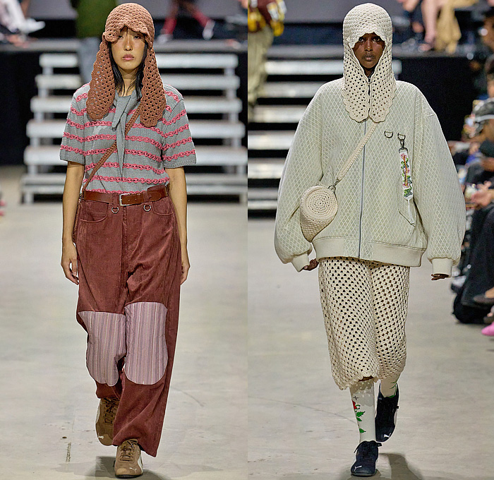 Rolf Ekroth 2025 Spring Summer Womens Runway Collection - Copenhagen Fashion Week Denmark CPHFW København - Lavatanssit - Patchwork Blazer Jacket Check Herringbone Plaid Stripes Shorts Culottes Hood Anorak Windbreaker Camouflage Crochet Mesh Ear Flaps Knit Cap Blouse Corduroy Baggy Loose Knee Panels Outdoor Pants Bomber Jacket Artwork Flowers Floral Plants Scarf Sling Pack Trompe L'oeil Dandelions Denim Jeans Sneakers