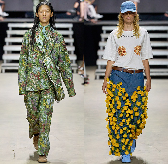 Rolf Ekroth 2025 Spring Summer Womens Runway Collection - Copenhagen Fashion Week Denmark CPHFW København - Lavatanssit - Patchwork Blazer Jacket Check Herringbone Plaid Stripes Shorts Culottes Hood Anorak Windbreaker Camouflage Crochet Mesh Ear Flaps Knit Cap Blouse Corduroy Baggy Loose Knee Panels Outdoor Pants Bomber Jacket Artwork Flowers Floral Plants Scarf Sling Pack Trompe L'oeil Dandelions Denim Jeans Sneakers