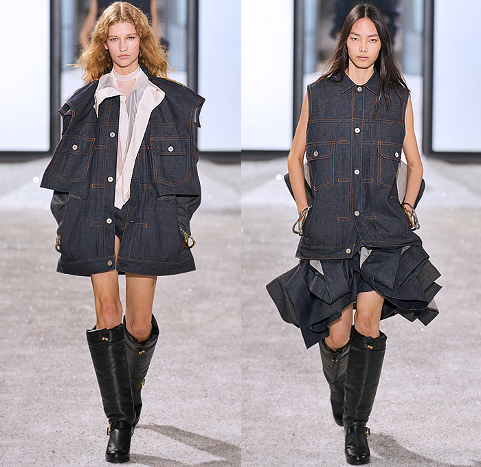 Sacai 2025 Spring Summer Womens Runway Collection - Paris Fashion Week PFW - Deconstructed Denim Jeans Patchwork Pockets Silk Sheer Nylon Military Army Surplus Fatigues Aviator Jacket Windbreaker Onesie Jumpsuit Coveralls Extra Hem Curls Trench Coat Knit Bib Speckled Cardigan Pinstripe Dropped Sleeves Micro Dress Leopard Plaid Check Sequins Butterfly Shoulders Motorcycle Biker Vest Peel Away Exploded Skirt Dovetail Fur Cargo Pants Wide Leg Shorts Knee High Boots