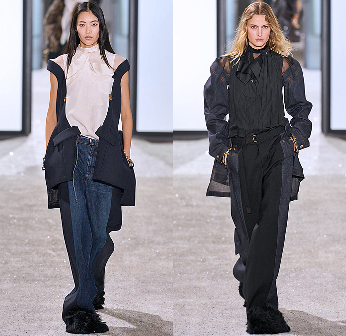 Sacai 2025 Spring Summer Womens Runway Collection - Paris Fashion Week PFW - Deconstructed Denim Jeans Patchwork Pockets Silk Sheer Nylon Military Army Surplus Fatigues Aviator Jacket Windbreaker Onesie Jumpsuit Coveralls Extra Hem Curls Trench Coat Knit Bib Speckled Cardigan Pinstripe Dropped Sleeves Micro Dress Leopard Plaid Check Sequins Butterfly Shoulders Motorcycle Biker Vest Peel Away Exploded Skirt Dovetail Fur Cargo Pants Wide Leg Shorts Knee High Boots